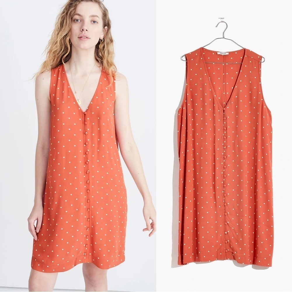 Madewell • Heather Button-Front Dress in Polka Dot orange rayon shift mini